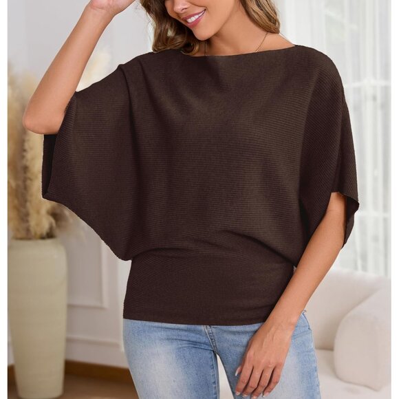 Women's Batwing Sleeve Knit Sweater Boat Neck Casual Pullover - Picture 4 of 6